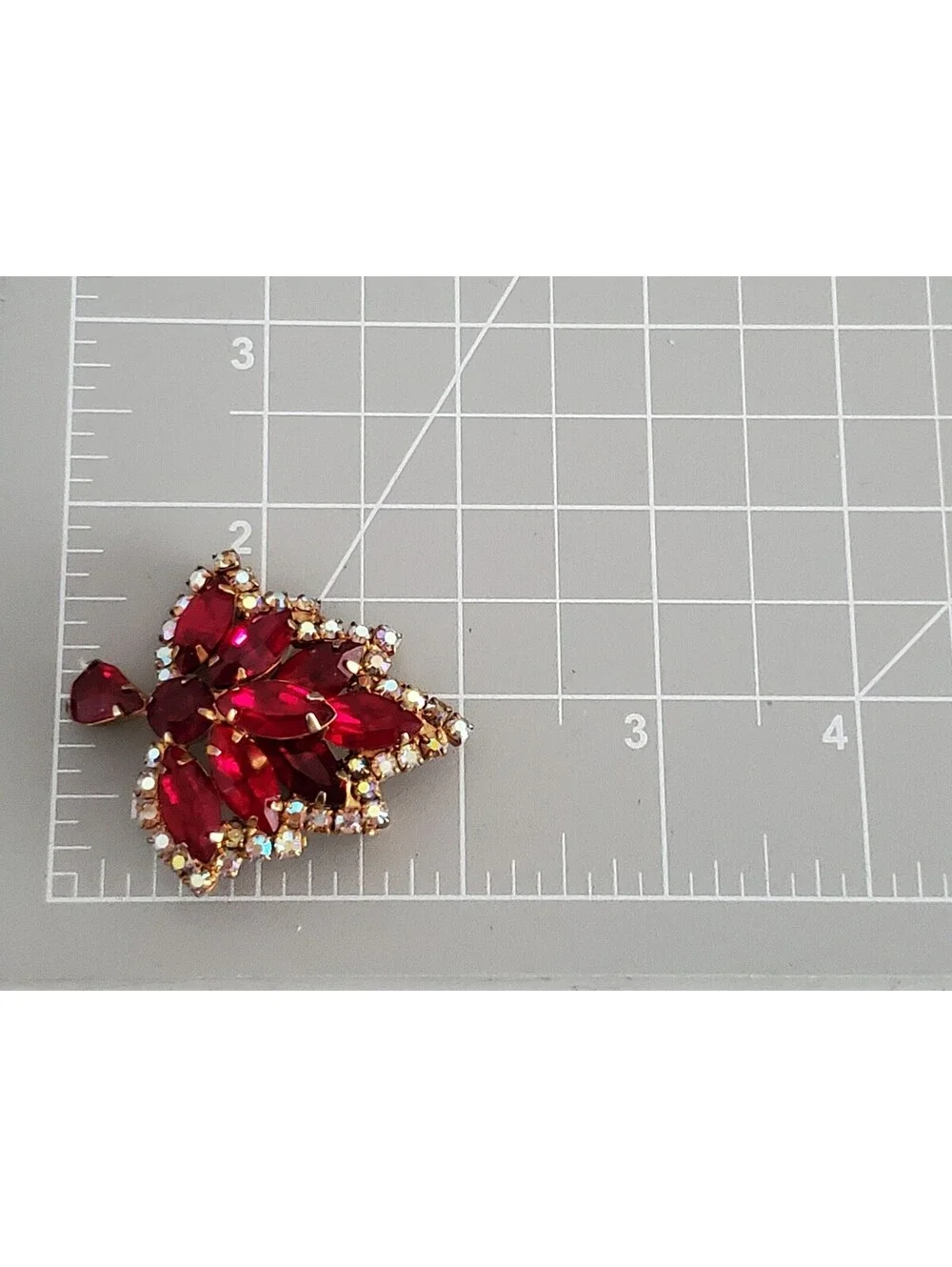 Vintage Red Rhinestones & Aurora Borealis Crystal Brooch